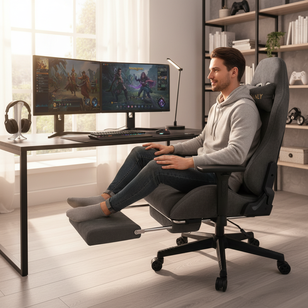 Kitinjoy Natural Suede Gaming Chair High Back Ergonomic Computer Chair With Footrest Reclining Adult Comfortable Office Chair